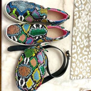 Colorful snake print set: waist bag and slip on sneakers Sz 8.5